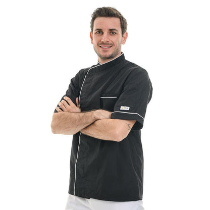 Manelli Black Short Sleeve or Long Sleeve Kitchen Coat with Long White Piping - MANELLI