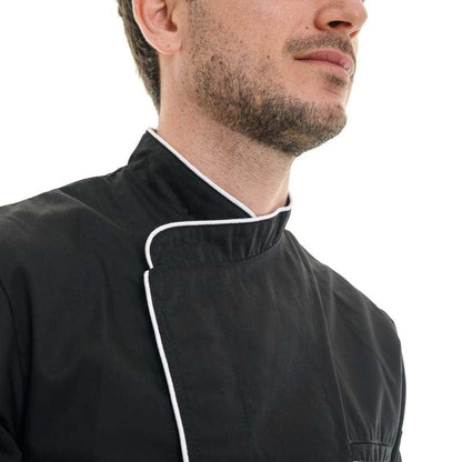 Manelli Black Short Sleeve or Long Sleeve Kitchen Coat with Long White Piping - MANELLI