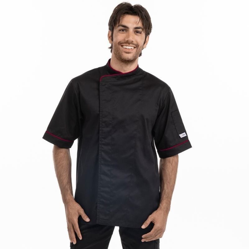 Manelli Bordeaux / S / Short Sleeve Black Kitchen Coat with Burgundy Piping - MANELLI