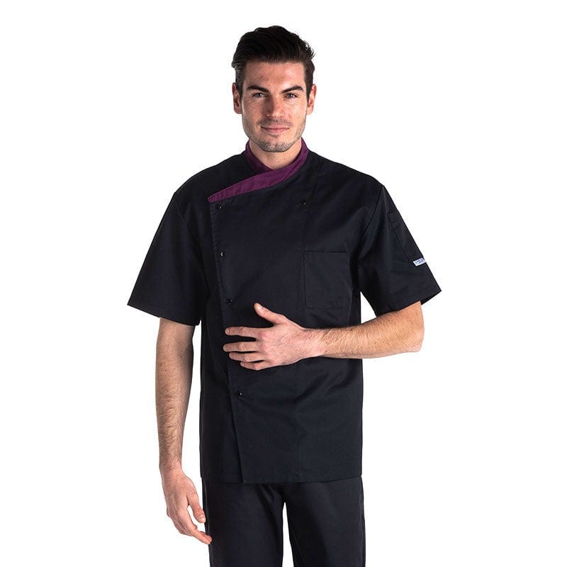 Manelli Fitted Short Sleeve Kitchen Coat with Aubergine Collar - MANELLI