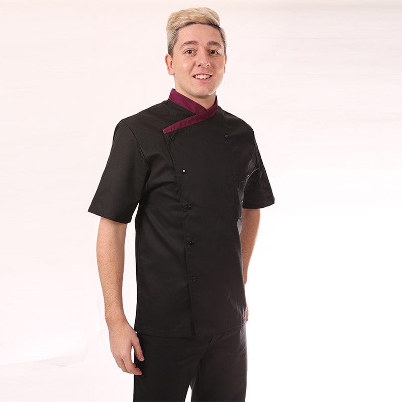 Manelli Fitted Short Sleeve Kitchen Coat with Aubergine Collar - MANELLI