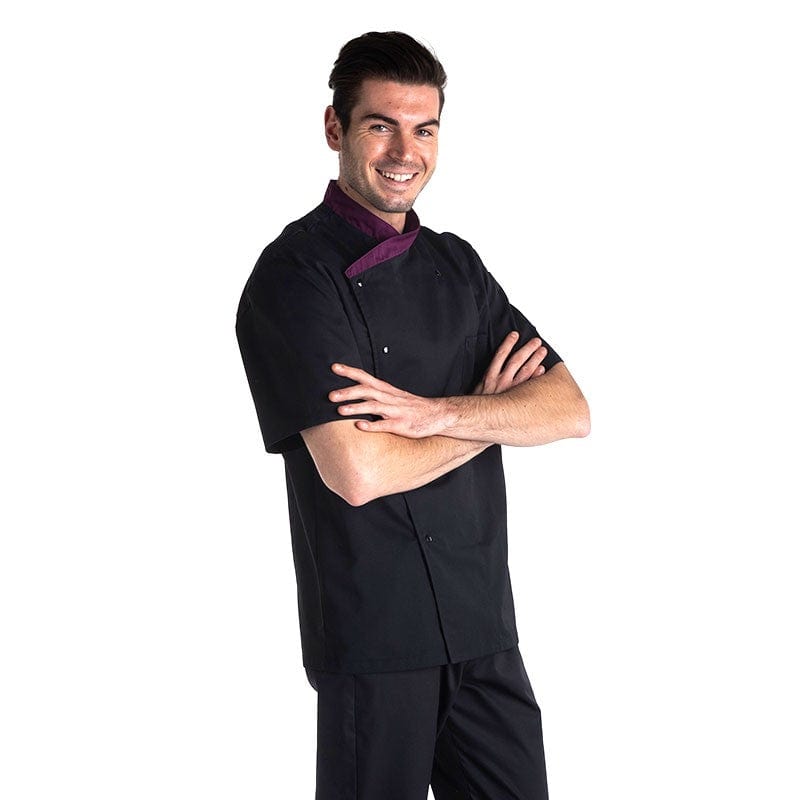 Manelli Fitted Short Sleeve Kitchen Coat with Aubergine Collar - MANELLI