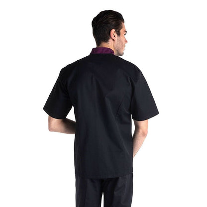 Manelli Fitted Short Sleeve Kitchen Coat with Aubergine Collar - MANELLI