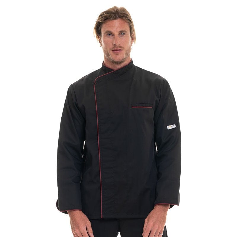 Manelli Long Sleeve / S Black Short Sleeve Chef Coat with Long Burgundy Piping - MANELLI