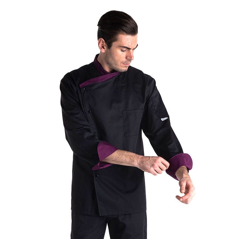 Manelli Long Sleeve / XS Fitted Long Sleeve Kitchen Coat with Aubergine Collar - MANELLI