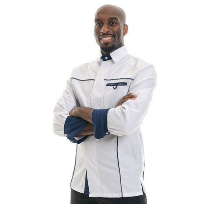 Manelli Men's Kitchen Coat Shirt Collar Navy Blue White - MANELLI