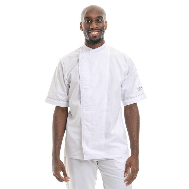 Manelli S / Short Sleeve White Breathable Kitchen Coat with Black or Gray Piping - MANELLI