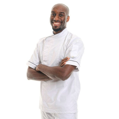 Manelli S White Chef Coat with Dark Gray Piping Short Sleeve - MANELLI