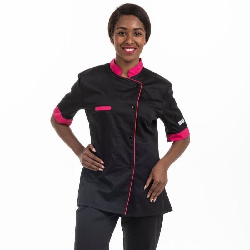 Manelli Short Sleeve / XS Black Kitchen Coat with Pink Piping Short Sleeve - MANELLI