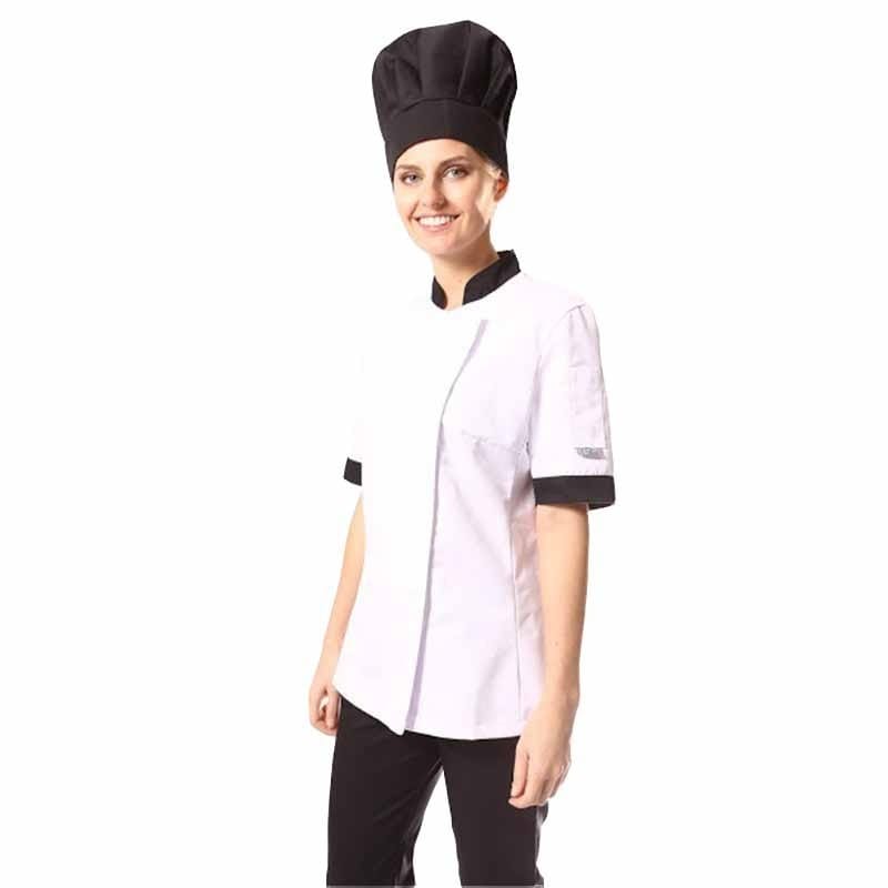 Manelli Short Sleeve / XS White Kitchen Coat with Black Collar - MANELLI