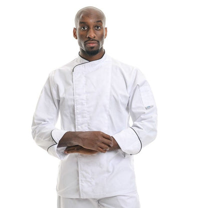 Manelli White Breathable Kitchen Coat with Black or Gray Piping - MANELLI