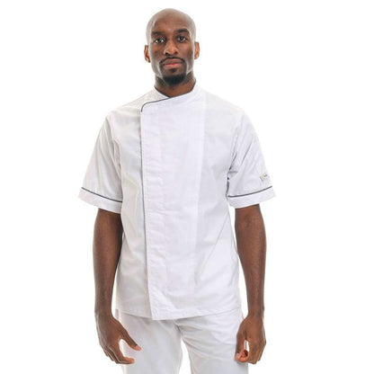 Manelli White Chef Coat with Dark Gray Piping Short Sleeve - MANELLI