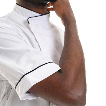 Manelli White Chef Coat with Dark Gray Piping Short Sleeve - MANELLI