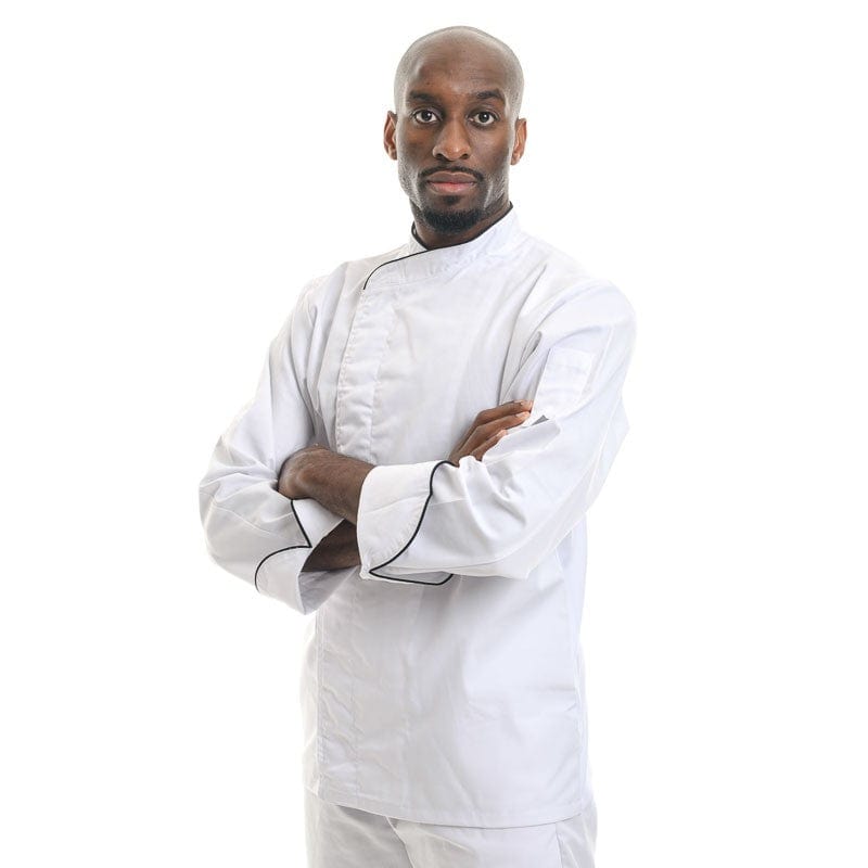 Manelli White Short Sleeve or Long Sleeve Kitchen Coat with Black Piping - MANELLI