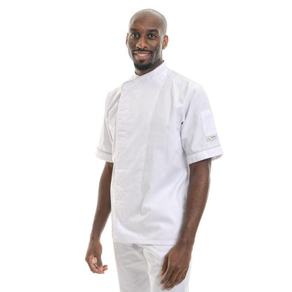 Manelli White Short Sleeve or Long Sleeve Kitchen Coat with Gray Piping - MANELLI