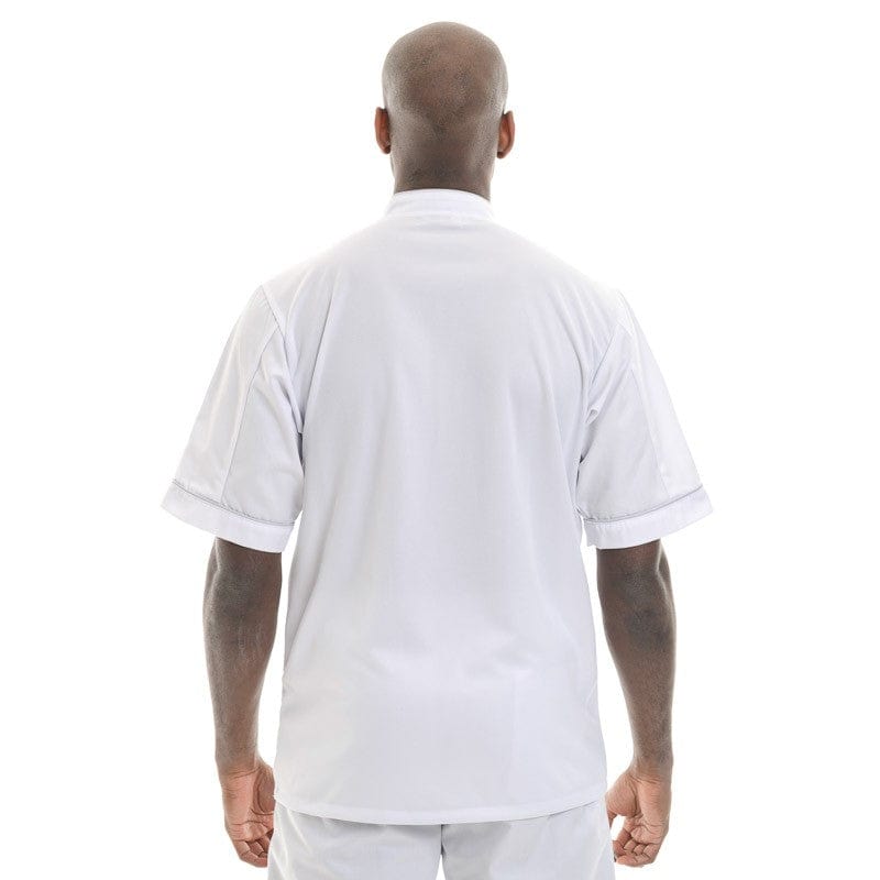 Manelli White Short Sleeve or Long Sleeve Kitchen Coat with Gray Piping - MANELLI