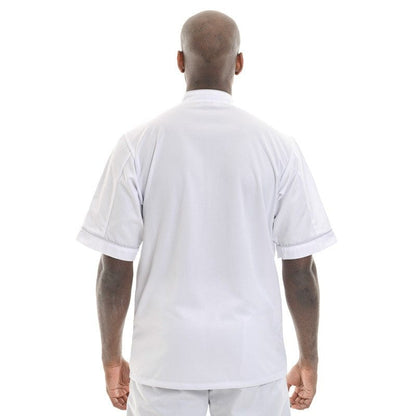 Manelli White Short Sleeve or Long Sleeve Kitchen Coat with Gray Piping - MANELLI