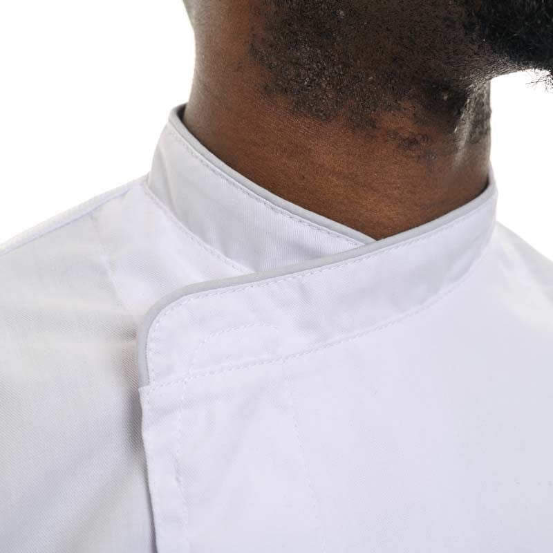 Manelli White Short Sleeve or Long Sleeve Kitchen Coat with Gray Piping - MANELLI