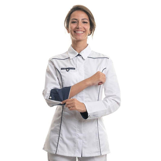 Manelli Women's Kitchen Coat Shirt Collar Navy Blue White - MANELLI