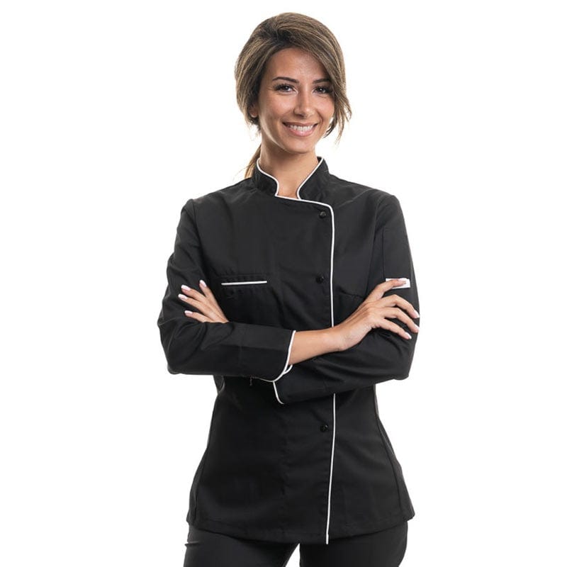 Manelli Women's Long Sleeve Black Kitchen Coat with White Piping - MANELLI