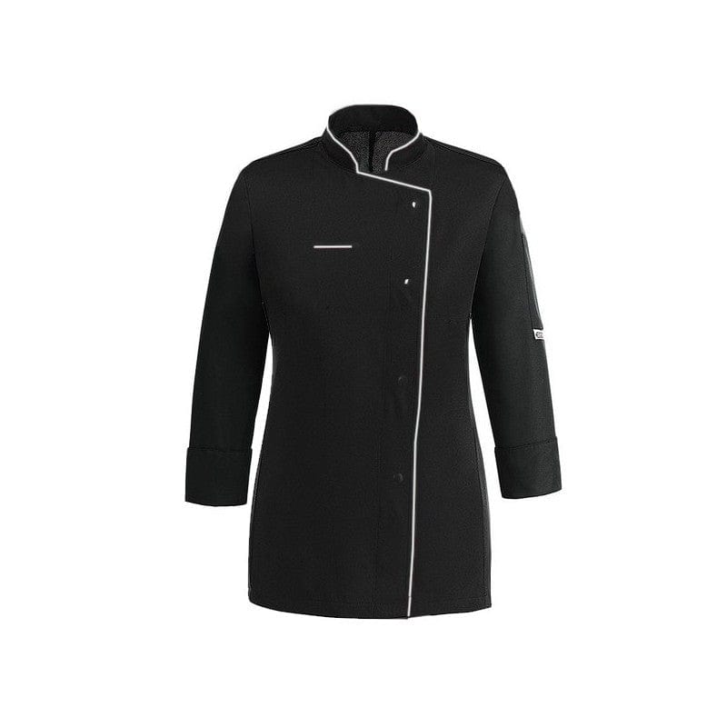 Manelli Women's Long Sleeve Black Kitchen Coat with White Piping - MANELLI