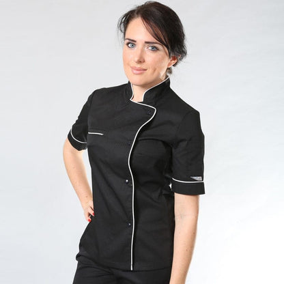 Manelli Women's Long Sleeve Black Kitchen Coat with White Piping - MANELLI