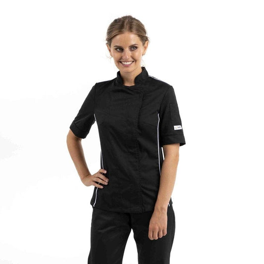 Manelli Women's Short Sleeve Black Kitchen Coat with White Piping Side Ventilation - MANELLI