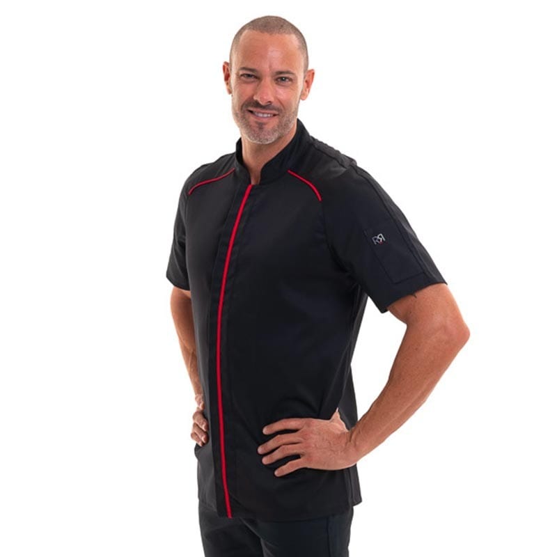 Robur Apollo Black Short Sleeves Chef Coat with Red Piping - ROBUR