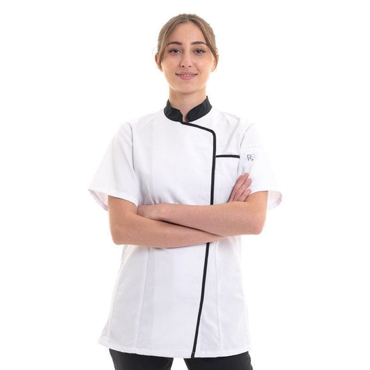 Robur T0 - XS Expression Women's White Kitchen Coat with Black Piping - ROBUR