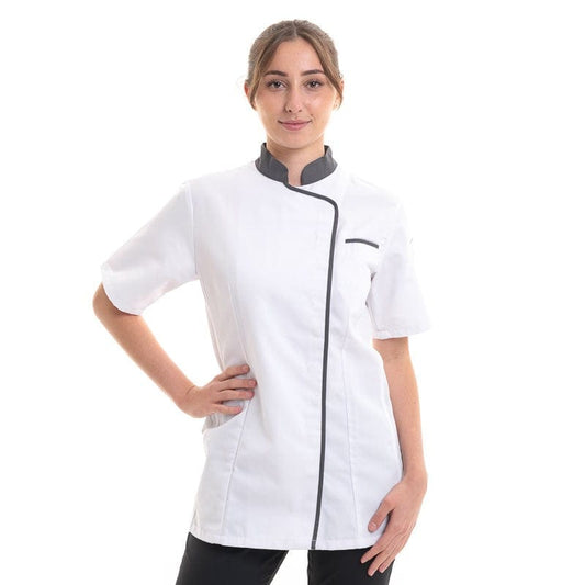 Robur T0 - XS Expression Women's White Kitchen Coat with Gray or Black Piping - ROBUR