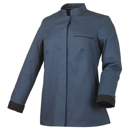 Robur Women's Ocean Blue Long Sleeve Kitchen Coat with Black Piping - ROBUR